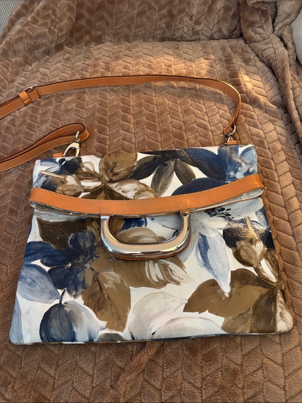 Maurizio Taiuti  Genuine Leather. Navy, Brown and Cream Floral Crossbody